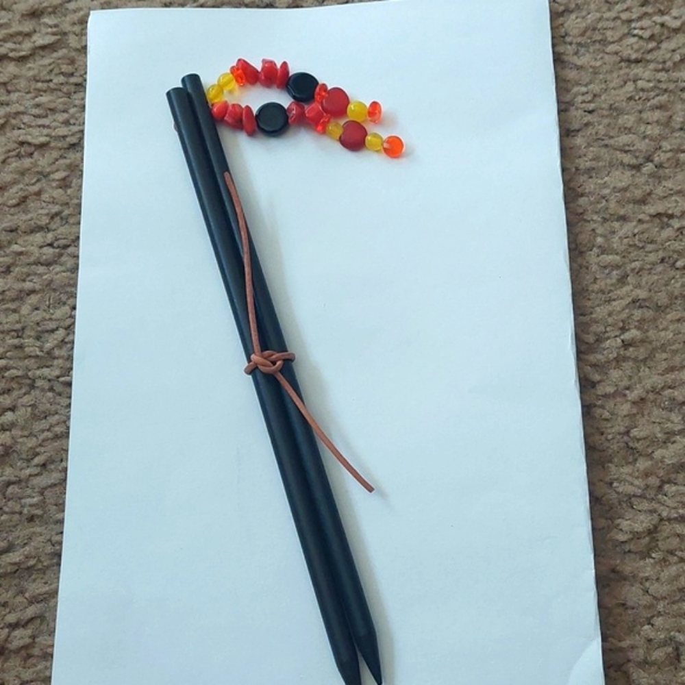 Hair Sticks Coral ,Carved Horn Hearts ,Yellow and orange Glass Vintage Beads .